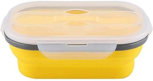 Lunch Box Collapsible Silicone Food Storage with Fork Spoon Expandable Eco Lunch Bento Box BPA-Free Dishwasher Freezer Microwave Safe (Color: Yellow)